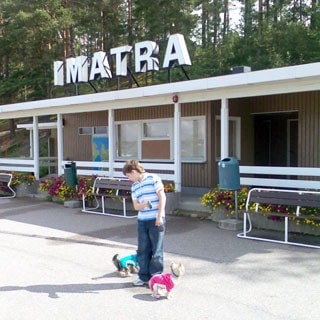 На фото: мальчик с двумя йоркширскими терьерами на прогулке, на заднем фоне одноэтажное строение с крышной рекламной установкой в виде отдельных букв, составляющих слово IMATRA