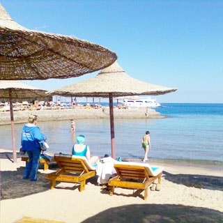 На фото: солнечный день, берег моря, пляж, пляжные зонтики из тростника, пляжные лежаки, люди в море и на пляже