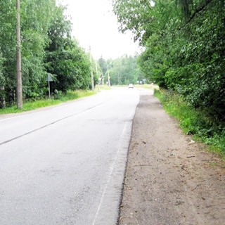 На фото: автомобильная асфальтированная дорога, двухполосная, с обочинами, справа и слева - кустарник и деревья, впереди на дальнем плане - автобусная остановка