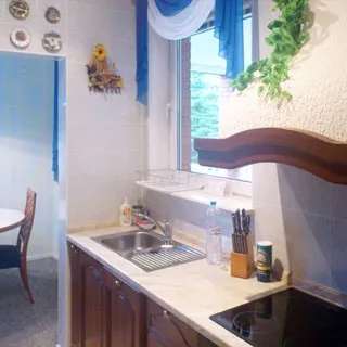 На фото: внутреннее помещение - кухня, встроенная кухонная мебель: тумбы-столы с единой столешницей, металлическая мойка со смесителем, электрическая варочная панель, вытяжка, окно, проход в следующее помещение
