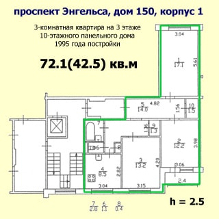 На рисунке приведен план квартиры. На плане: обозначены границы квартиры, указаны номера, размеры и площади помещений, высота потолков, количество комнат, общая и жилая площадь, этаж квартиры, этажность, год постройки, материал стен и адрес дома, показана лестничная клетка с лифтом