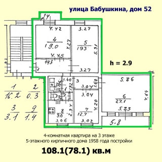 На рисунке приведен план квартиры. На плане: обозначены границы квартиры, указаны номера, площади и размеры помещений, высота потолков, количество комнат, общая и жилая площадь, этаж квартиры, этажность, год постройки, материал стен и адрес дома, показана лестничная клетка