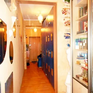 На фото: помещение вытянутого в длину коридора, переходящего в прихожую, спрва вдоль стены шкафы книжные и одежные, слева на стене - зеркала, полы- ламинат, на дальнем плане в центре - входная металлическая дверь, на потолке - люстра
