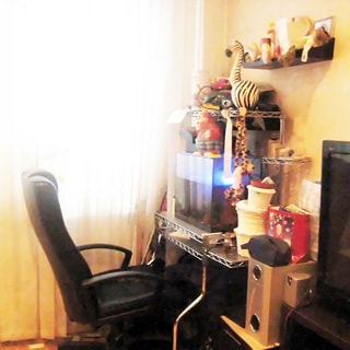 На фото: часть помещения жилой комнаты, окно, мягкая мебель, справа от окна - компьютерный столик с аквариумом и офисное кресло, над столиком на стене - полки, правее - тумба с телевизором