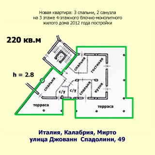 На рисунке приведен план квартиры. На плане: обозначены границы квартиры, указаны назначения помещений, высота потолков, количество спален, санузлов, общая площадь, этаж квартиры, этажность, год постройки, материал стен и адрес дома, показана лестничная площадка