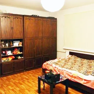 На фото: часть помещения жилой комнаты, слева вдоль стены - мебельная стенка с сервантом и одежным шкафом, справа у стены - разложенный диван, перед ним - журнальный столик, полы - линолеум, на потолке - люстра