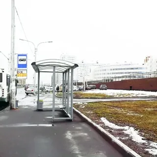 На зимнем фото: тротуар и автобусная остановка, справа от остановки - широкий газон, вдоль обочины проезжей части - припаркованные автомобили, на дальнем плане - жилые дома