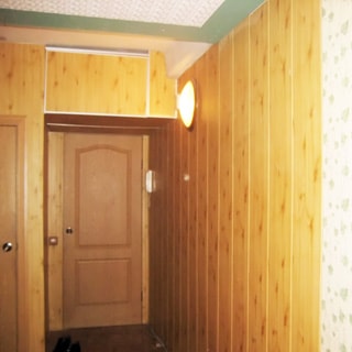 На фото: часть помещения коридора и прихожей, входная дверь, справа от двери на стене - трубка домофона, стена облицована сайдингом под дерево, на стене плафон освещения, полы - линолеум