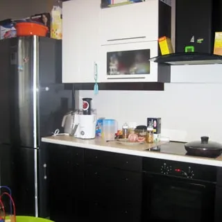 На фото: часть помещения кухни. Слева-направо: большой двухкамерный холодильник, тумба-стол и электрическая плита с духовым шкафом с общей столешницей, над тумбой - навесной кухонный шкаф, над плитой - вытяжка