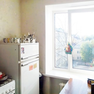 На фото: часть кухни, одно окно (стеклопакет) с видом в зеленый просторный двор, батарея центрального отопления, газовая плита, двухкамерный холодильник, обеденный стол.
