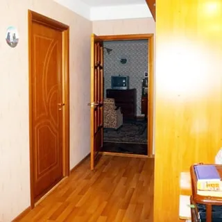 На фото: часть помещения прихожей, в центре на заднем плане открытая дверь в жилую комнату, справа у стены - шкаф-купе, слева - закрытая дверь, полы - линолеум