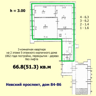 Трехкомнатная квартира 66 кв.м на Невском проспекте (Центральный, МО-79, Литейный) продается. План квартиры