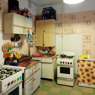 На фото: часть кухни, две газовые 4-комфорочные плиты, три стола-тумбы, навесные шкафы, кухонная посуда, полы - линолиум.