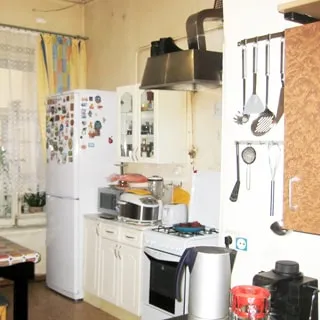 На фото: кухня, газовая плита, вытяжка, стол-тумба, навесной шкаф, холодильник, кухонная техника, окно