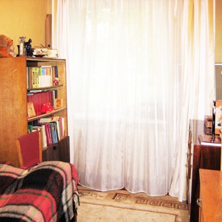 На фото: часть помещения жилой комнаты, одно окно, на окне - тюль, слева от окна у стены - диван-кровать и книжный шкаф, справа от окна - комод, на полу - ковер