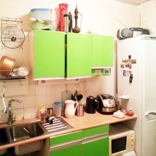На фото: часть помещения кухни, справа-налево вдоль стены - двухкамерный холодильник, тумба-стол с зелеными фасадами, над ней - навесной кухонный шкаф, левее - металлическая мойка на два отделения со смесителем, над ней - сушка для посуды, на столе и под столом - кухонная посуда и мелкая кухонная и бытовая техника, часть фартука у мойки облицована светлой керамической плиткой