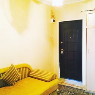 На фото: часть помещения прихожей, входная металлическая дверь, справа от двери - одежный шкаф, слева от двери у стены - мягкий диван, полы - линолеум, постелен ковер, на потолке - люстра