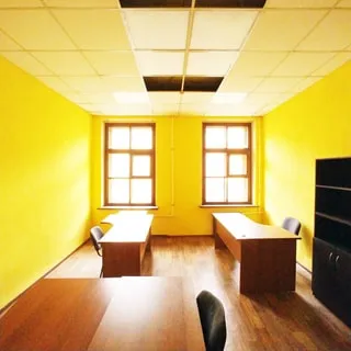 На фото: часть помещения офисного типа, два окна, офисная мебель - столы, стулья, шкаф, полы - линолеум, стены окрашены, потолки - подвесные, установлены потолочные люминесцентные офисные светильники