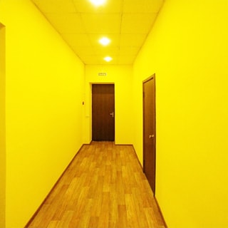 На фото: часть помещения коридора, входная дверь в помещение, над дверью - табличка ВЫХОД, справа - дверь в соседнее помещение, полы - линолеум, стены - окрашены, потолки - подвесные, установлены точечные светильники