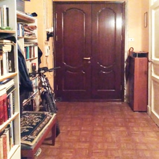 На фото: часть помещения прихожей, прямо - входная металлическая двустворчатая дверь, справа от двери у стены - шкафчик для обуви, правее - дверь в соседнее помещение, слева от двери на стене - электрический счетчик и домофон, левее - стеллажи с книгами, тумба и велосипед, полы - линолеум, стены оклеены обоями