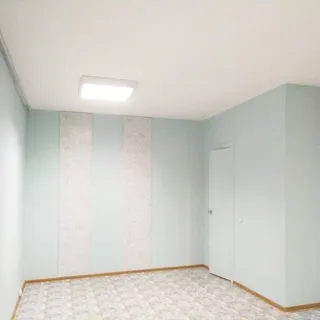 На фото: часть свободного от мебели нежилого помещения, справа в стене - дверь в санузел, стены частично окрашены, частично оклеены обоями, полы - линолеум, потолки окрашены, на потолке - офисный блочный светильник дневного света