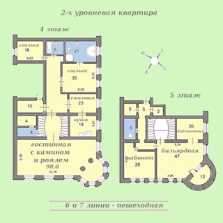 На рисунке: план первого (четвертый этаж) и второго (пятый этаж) уровня квартиры, указаны площади и наименования помещений и комнат, стороны света, место расположения 6 и 7 линий Васильевского острова