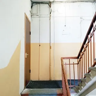 На фото: часть лестничного пролета и лестничная площадка, слева на площадке - входная металлическая дверь в помещение, деревянные перила, ступени отделаны искусственным мрамором, стены окрашены в пол-высоты, потолок и верхняя часть стен - побелены