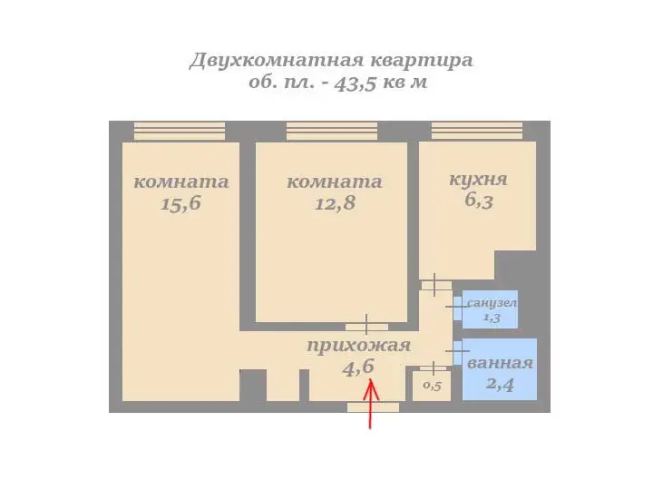 На рисунке схематически изображен план двухкомнатной квартиры, обозначен вход в квартиру, приведены условные названия помещений и их площади в квадратных метрах, указано количество комнат и общая площадь квартиры.