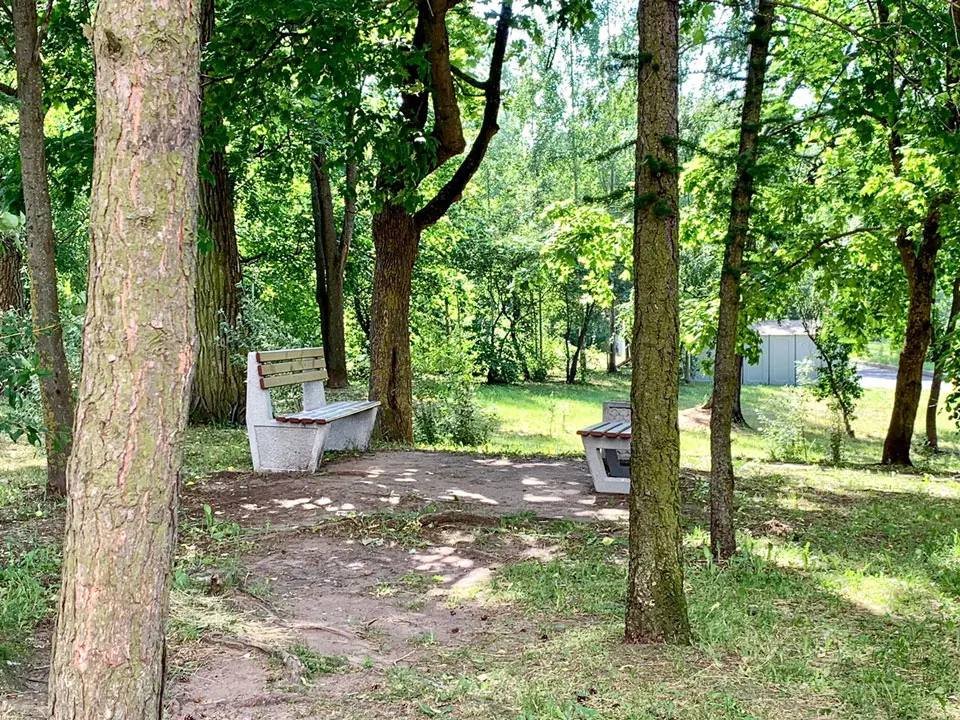 На летнем фото: обширная дворовая территория, на переднем плане - небольшая площадка среди деревьев со скамейками для отдыха, на дальнем плане - газон, кусты и чей-то металлический гараж.