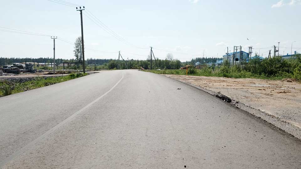 На летнем фото: двухполосная асфальтированная дорога без дорожной разметки, вдоль дороги проходит воздушная линия электропередачи по железобетонным столбам, слева и справа от дороги - земельные участки разной степени освоенности