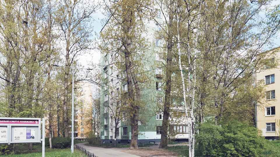 На летнем фото: на удалении от проезжей части улицы за деревьями фасад точечного девятиэтажного панельного жилого дома, часть балконов застеклены, перед домом - газон, деревья
