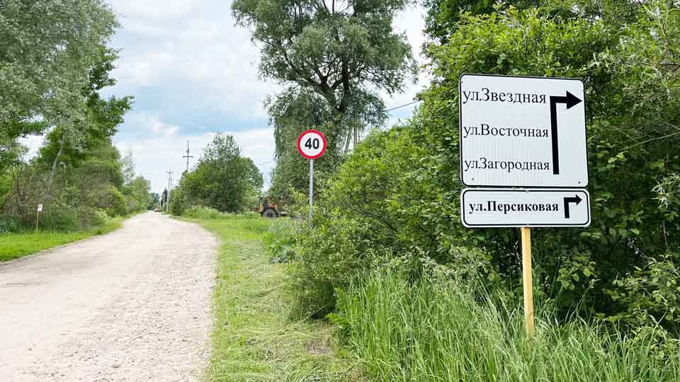 На летнем фото: грунтовая дорога с улучшенным покрытием, указатель улиц, знак ограничения скорости до 40 километров в час, справа и слева от дороги лиственные деревья и кустарники